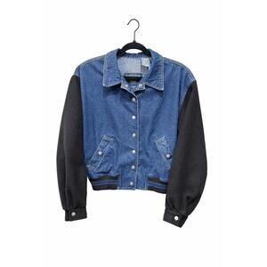 Liz Claiborne Medium Denim Jacket Black Fleece Sleeves Vintage 90s Snap Crop Y2K